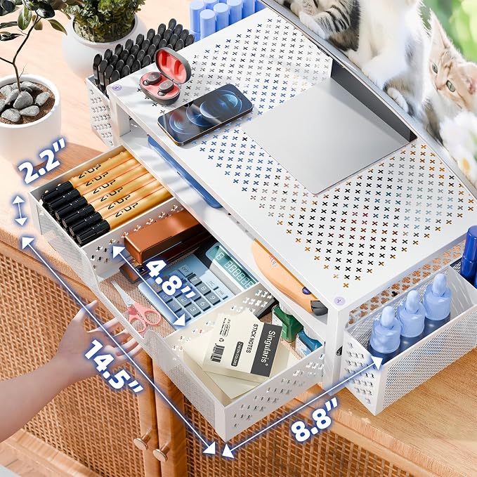 Simple Trending 2 Tier Metal Monitor Stand Monitor riser and Computer Desk Organizer with Drawer and Pen Holder for Laptop, Computer, iMac, White - Image 4