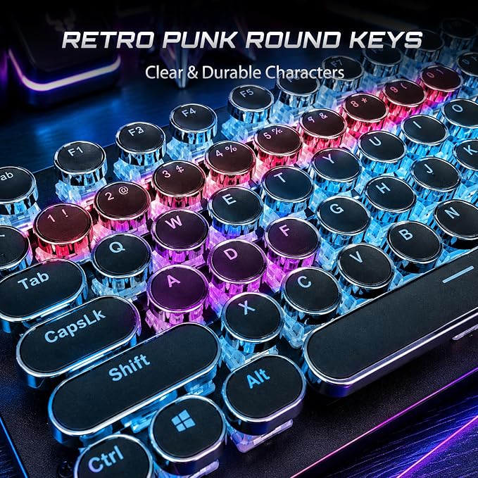 RK ROYAL KLUDGE S108 Typewriter Mechanical Keyboard, Wired Gaming Keyboard with Number Pad, Full Size Retro Keyboards w/Detachable Wrist Rest for Mac/Win/PC, Clicky Blue Switch, Rainbow Backlit Black - Image 4