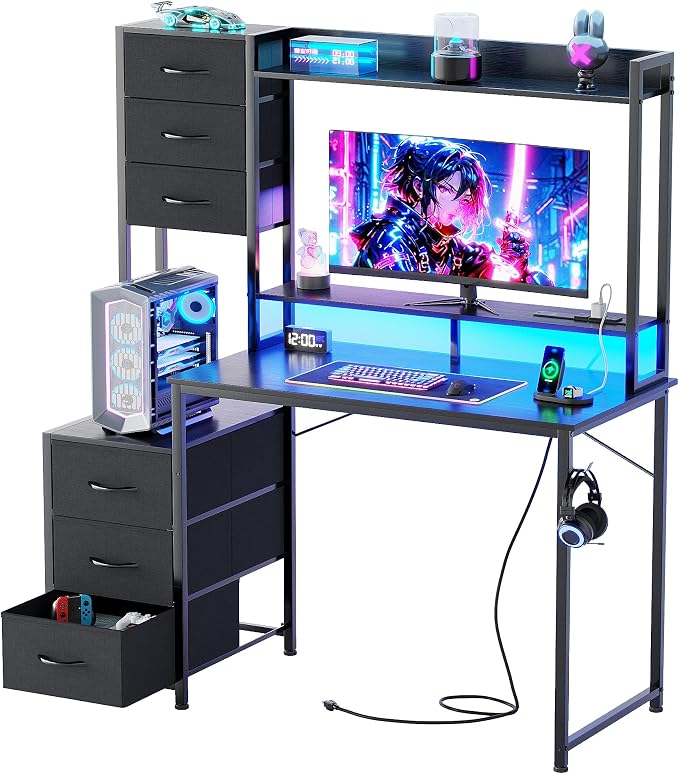 MUTUN 47 Inch Computer Gaming Desk with Hutch Power Outlet and LED Strip, Home Office Work Study Writing Desk with 6 Fabric Drawers and Storage for Bedroom, Escritorios para Computadoras, Black by MUTUN