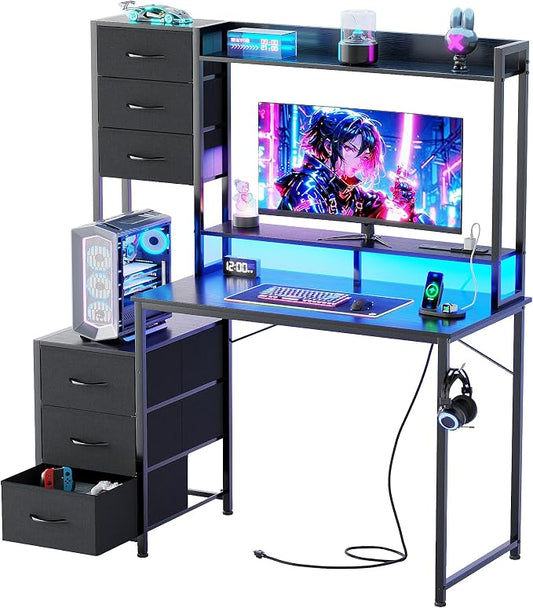 MUTUN 47 Inch Computer Gaming Desk with Hutch Power Outlet and LED Strip, Home Office Work Study Writing Desk with 6 Fabric Drawers and Storage for Bedroom, Escritorios para Computadoras, Black by MUTUN