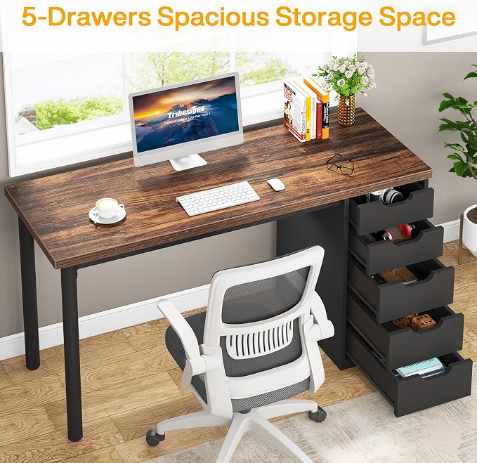 Tribesigns Computer Desk with 5 Drawers, 47 inches Rustic Brown Home Office Desk with Storage, Modern Simple Laptop Desk Study Writing Table for Small Spaces (1, Brown+Black) - Image 4