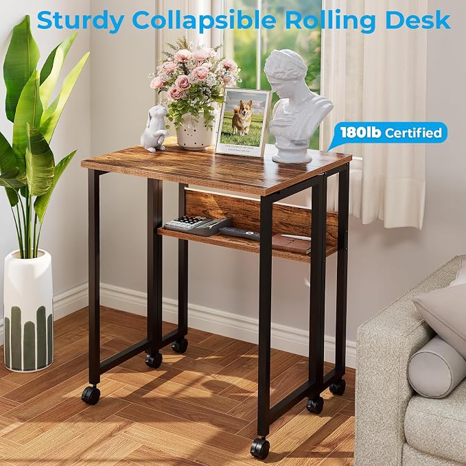 GreenForest Folding Desk with Wheels, 24.8" Rolling Table for Small Spaces | Storage Shelf, Lockable Casters, Compact Portable Workstation, Space-Saving Foldable Sofa Table, Home Office, Mobile, Walnut - Image 8