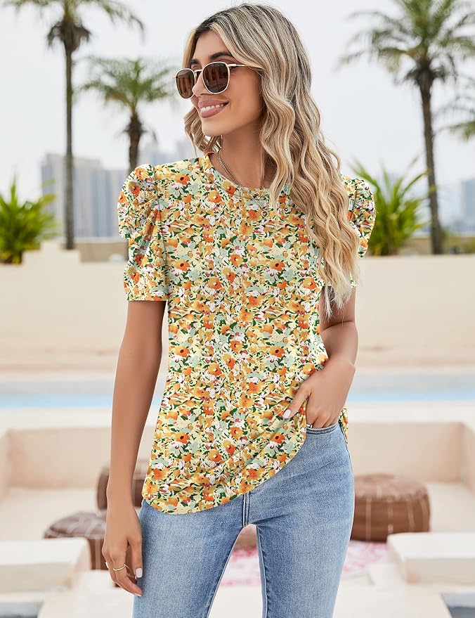 Ivicoer Puff Short Sleeve Shirt for Women Eyelet Tops Summer Crewneck Blouse Loose Fit S-XXL - Image 3