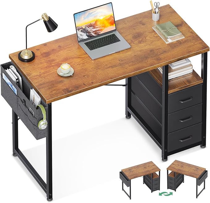 AODK 40 Inch Small Computer Desk with Fabric Drawers, Vintage | Mini Desk with Storage Shelf & Bag, Kids Study Desk for Bedroom, Home Office Desk for Small Space by AODK