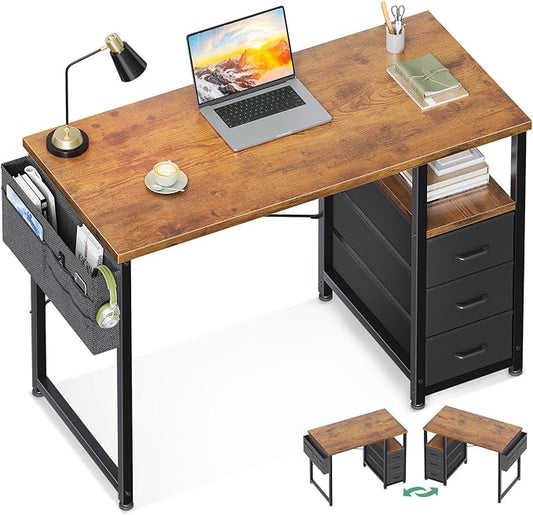 AODK 40 Inch Small Computer Desk with Fabric Drawers, Vintage | Mini Desk with Storage Shelf & Bag, Kids Study Desk for Bedroom, Home Office Desk for Small Space by AODK