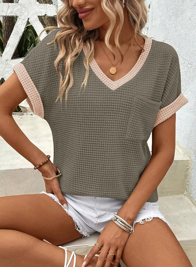 Dokotoo Womens Waffle Knit Tops 2026 Spring Summer V Neck Shirts Casual Trendy Women's Blouses Basic Tee - Image 3