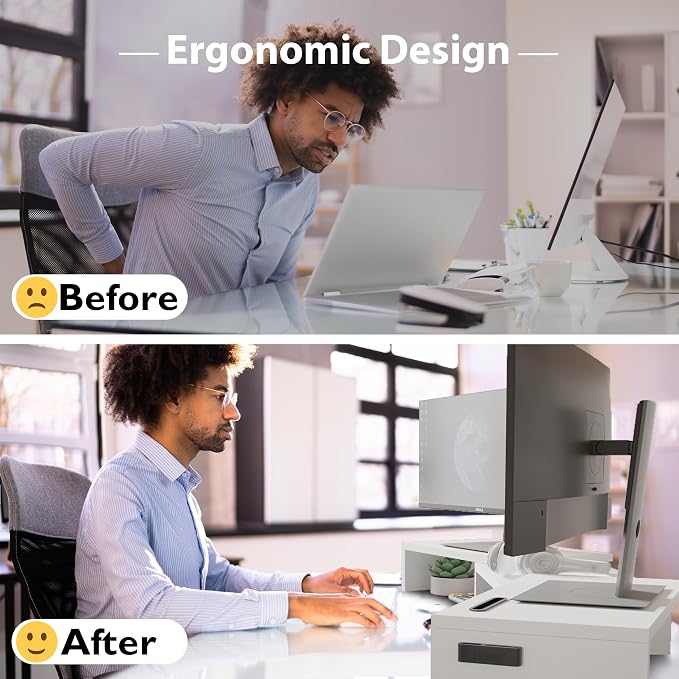 BONTEC Dual Monitor Stand Riser with Smartphone Holder, Adjustable Length & Swivel Angle, Ergonomic Wooden Desktop Organizer for PC Monitor, Laptop, Printer, Large Storage, 42.5 in, White - Image 4