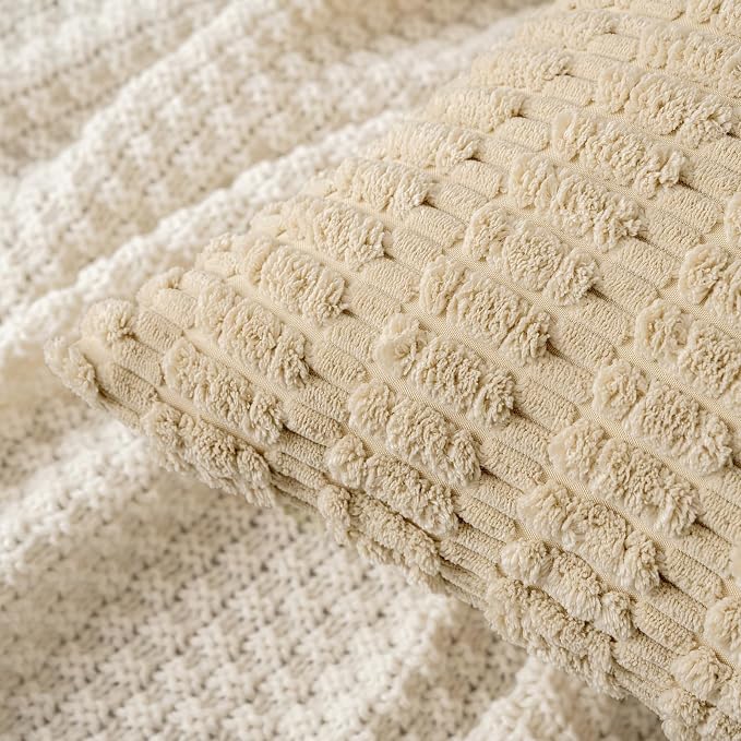 MIULEE Pack of 2 Corduroy Decorative Throw Pillow Covers 16x16 Inch Soft Boho Striped Pillow Covers Modern Farmhouse Home Decor for Sofa Living Room Couch Bed Tan - Image 2