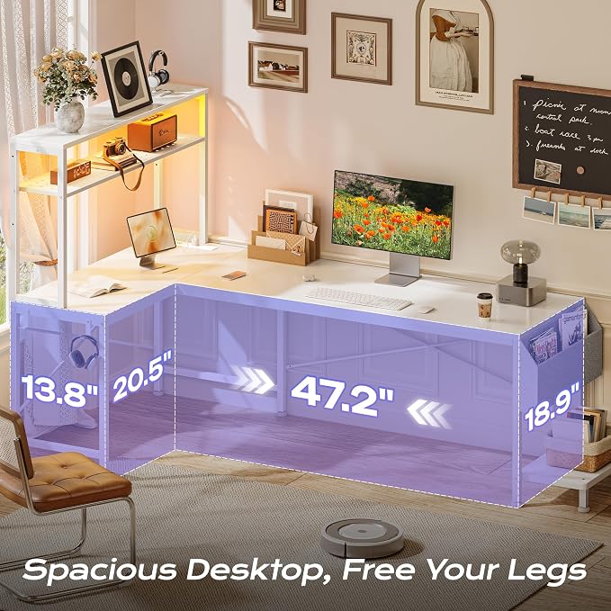 PRAISUN L Shaped Gaming Desk with LED Lights & Power Outlets, Reversible Computer Desk with Storage Shelves & Bag, Large Corner Home Office Desk with Pegboard for Work from Home, White - Image 5