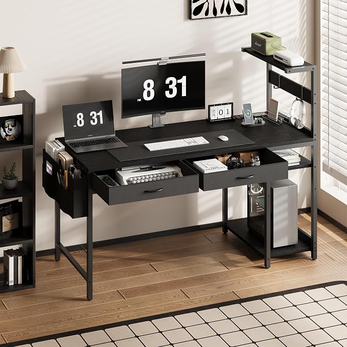 48 Inch Small Gaming Desk with Drawers & Led Lights & Storage Bag, Black | Reversible Storage Shelf, Power Outlets, Wood Grain Gaming Table, Compact Computer Desk for Small Space, Bedroom, Home Office - Image 4