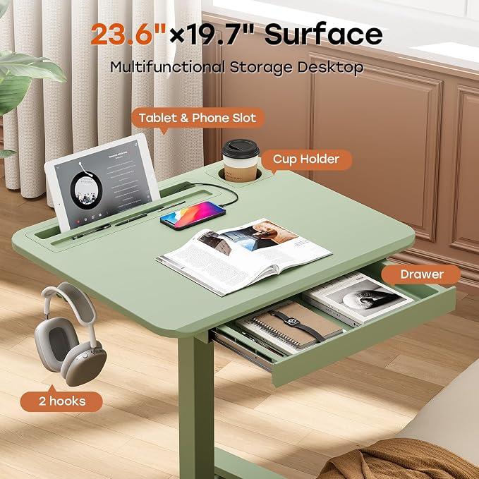 Small Mobile Standing Desk with Drawer, 23.6" x 19.7" Top | Height Adjustable Portable Laptop Desk with Wheels & Cup Holder, Sit Stand Computer Workstation for Compact Space, Sage Green - Image 3