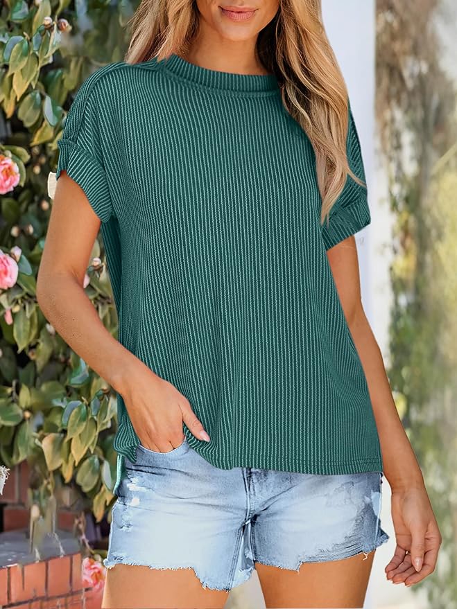ANRABESS Womens Short Sleeve Crewneck Shirts Ribbed Knit High Low Hem T Shirt 2026 Summer Spring Casual Tops Trendy Clothes - Image 2
