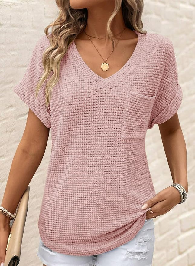 Dokotoo Womens Waffle Knit Tops 2026 Spring Summer V Neck Shirts Casual Trendy Women's Blouses Basic Tee - Image 2