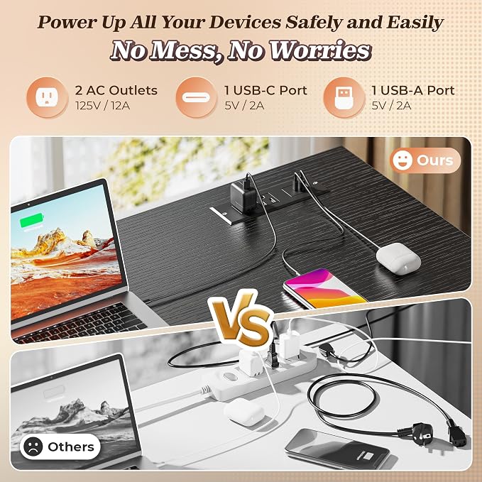 PRAISUN 43.3" Small Computer Desk with Power Outlets & USB-C Port, Reversible L Shaped Corner Office Desk with 4 Fabric Drawers and 2 Adjustable Storage Shelves, for Gaming Writing, Black - Image 4