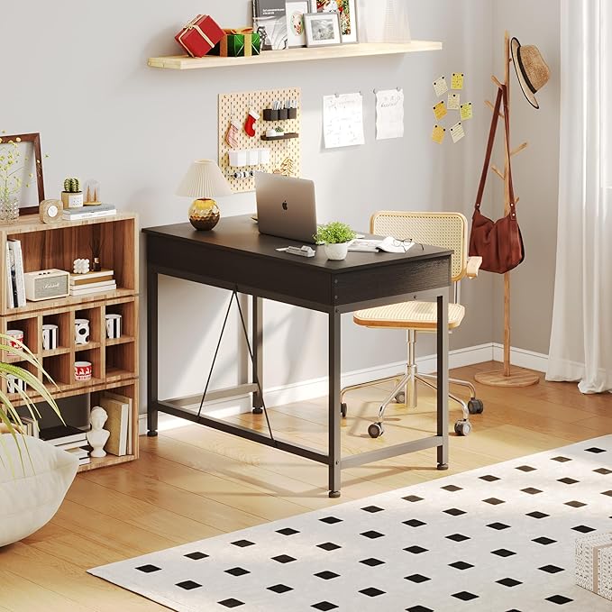 Mexin Small Black Desk with 2 Wooden Drawers, 40 Inch Home Office Writing Desk, Black Vanity Desk with Storage, Computer Desk for Bedroom Small Spaces, Table for Office, Work, Kids Study, Makeup - Image 2