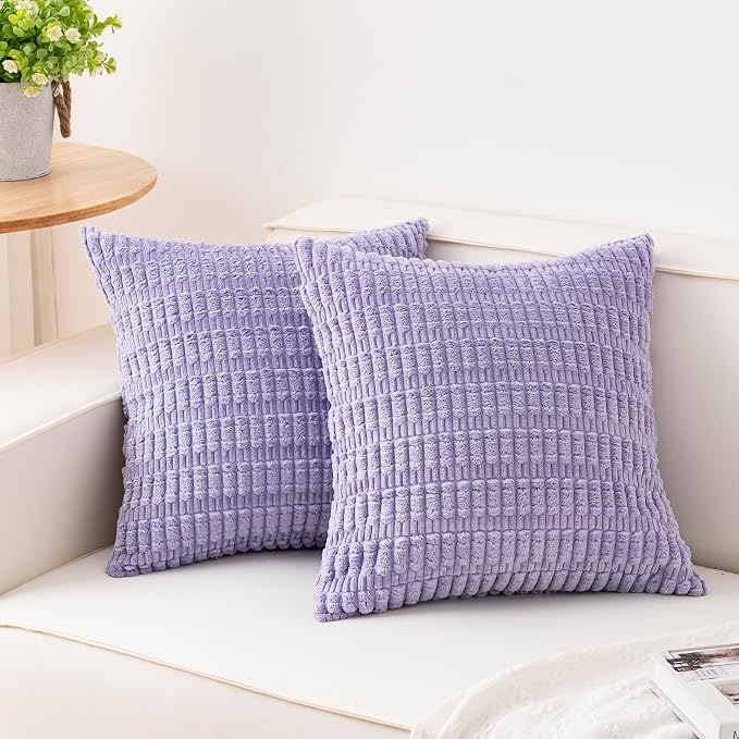 Aegero Pack of 2 Corduroy Decorative Throw Pillow Covers 18x18 Inch Soft Striped Pillow Covers Modern Farmhouse Home Decor for Sofa Living Room Couch Bed（Purple） by Unknown