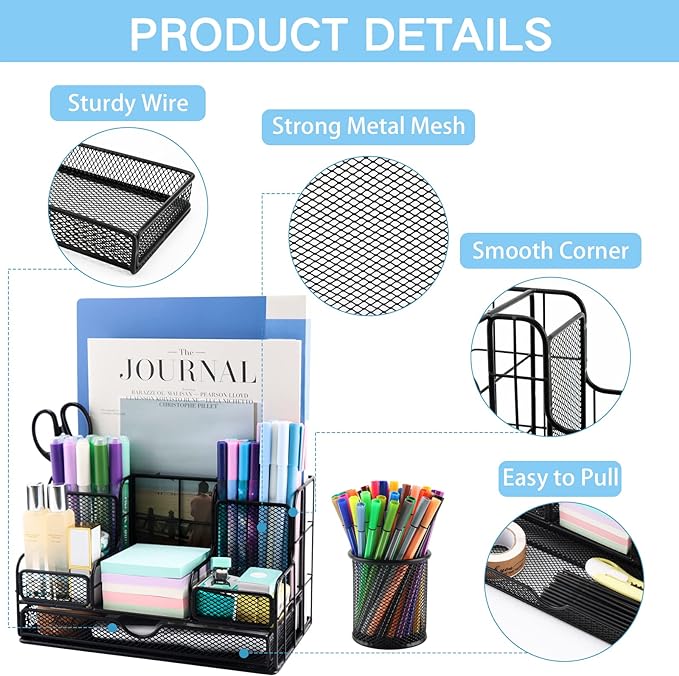 Desk Organizers Caddy and Accessories with 7 Compartments + Pen Holder / 72 Clips Set, Drawer, Black Mesh Office Supplies Desktop Organizer for Home, Office Ect - Image 3