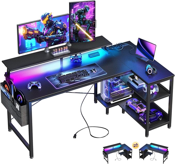 ODK 48 Inch L Shaped Gaming Desk with LED Lights, Power Outlets, Black | Adjustable Monitor Stand, Open Storage Shelves, Hanging Side Bag, PC Tower Stand, Reversible Layout for Gaming by ODK