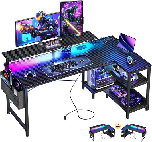ODK 48 Inch L Shaped Gaming Desk with LED Lights, Power Outlets, Black | Adjustable Monitor Stand, Open Storage Shelves, Hanging Side Bag, PC Tower Stand, Reversible Layout for Gaming by ODK