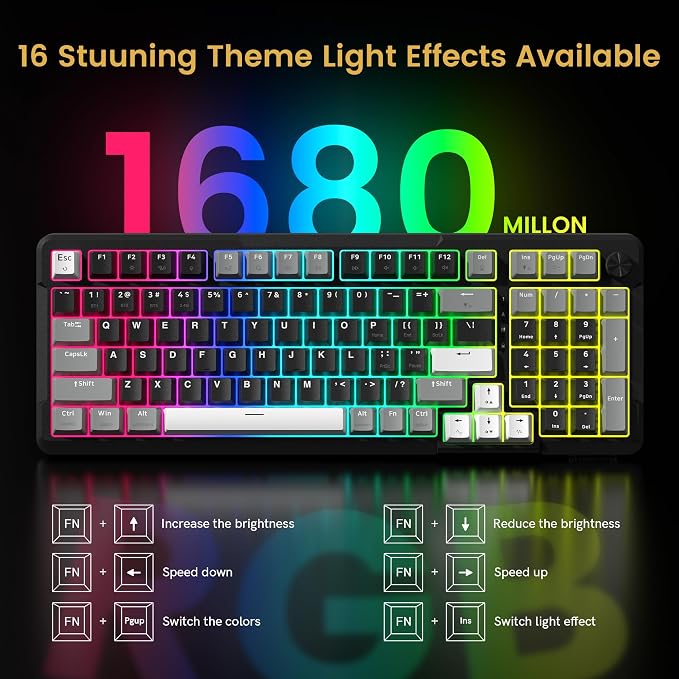 Redragon K742 Wireless Mechanical Gaming Keyboard with Knob for PC Computer | Bluetooth 5.0/2.4GHz/USB C Wireless Creamy Keyboard with Number Pad, RGB Backlits, Hot-Swappable with Linear Switches (Black) - Image 7