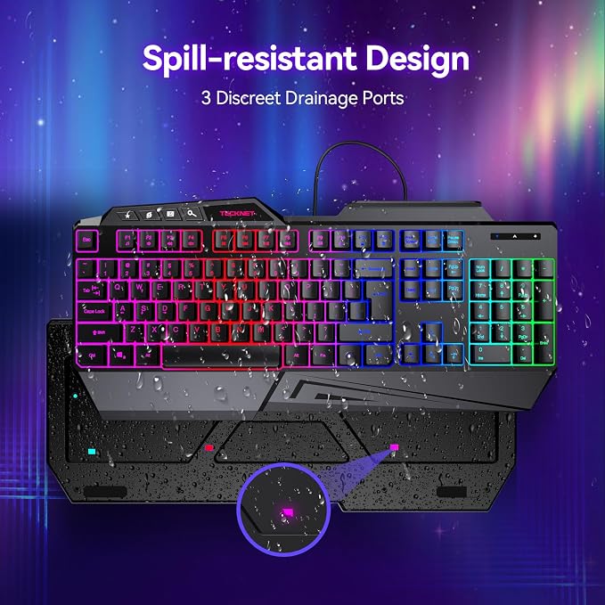 TECKNET Wired RGB Gaming Keyboard - 26-Key Anti-Ghosting, 13 Lighting Modes, Spill-Resistant, 108 Membrane Keys, Plug & Play - with Ergonomic Wrist Rest & Phone Holder for Windows/Mac (Black) - Image 6