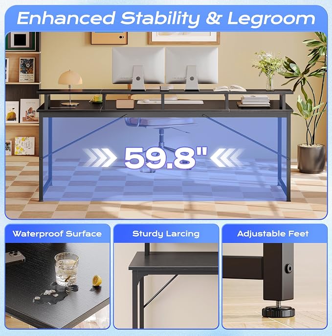 PRAISUN 63 inch Gaming Desk, LED & Power Outlets, Monitor Stand, Black | Sturdy PC Desk for Home Office, Study & Work, LED Lights, 4 AC Outlets & USB-C Charging Station - Image 8