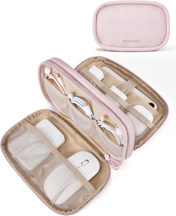 BAGSMART Cord Organizer Travel Cable Bag, Compact Tech Electronic Organizer Travel Case, Essentials for Charger, Cable, Phone, Flash drive, Double Layers (Pink) by BAGSMART