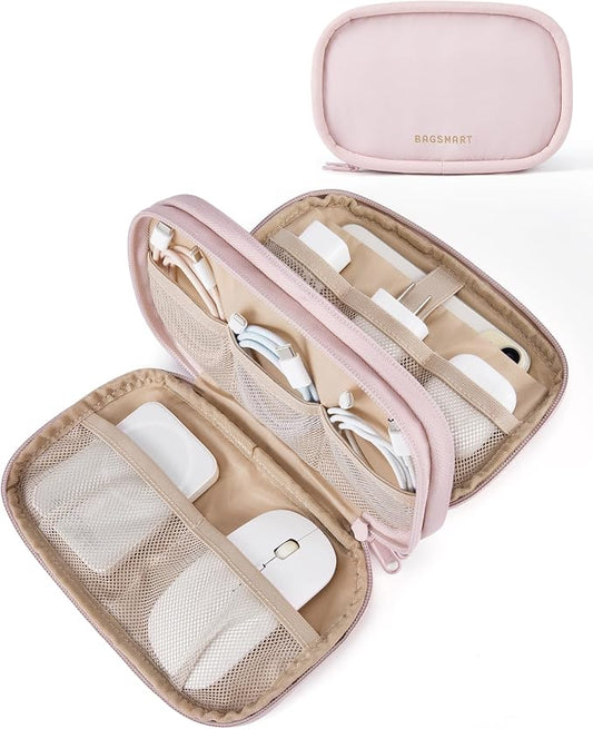 BAGSMART Cord Organizer Travel Cable Bag, Compact Tech Electronic Organizer Travel Case, Essentials for Charger, Cable, Phone, Flash drive, Double Layers (Pink) by BAGSMART