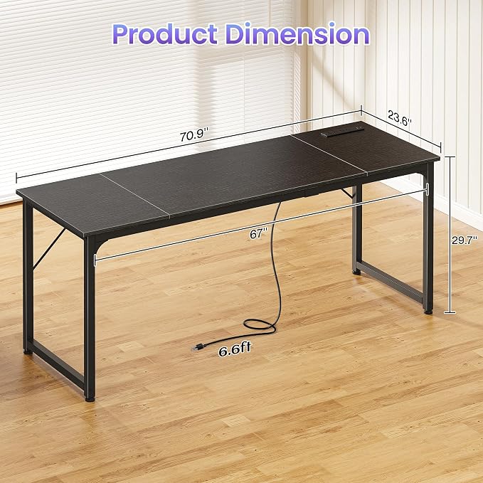 PRAISUN 70 X 24 Inch Computer Desk, Power Outlets, USB-C, Black | Office Desk with 4 AC Outlets, USB & USB-C, Sturdy Metal Frame, Spacious Desktop for Work, Writing, Study & Gaming - Image 3