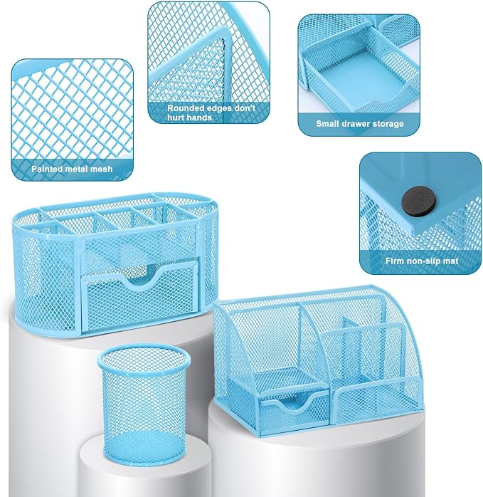 17 in 1 Blue Desk Organizers and Accessories Set, 3 Office Desk Supplies Storage Organization, 4 Pens, Stapler, Staples & Remover, Tape & Dispenser, Scissors, Ruler, Clips, Hole Punch, Back to School - Image 3