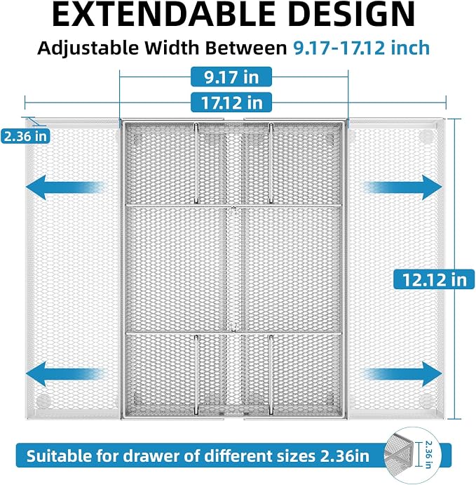 Marbrasse Expandable Desk Drawer Organizer, Mesh Tray with 10 Adjustable Compartments, Desk Organizers for Office Supplies, Makeup & Vanity (Expandable-Silver) - Image 2