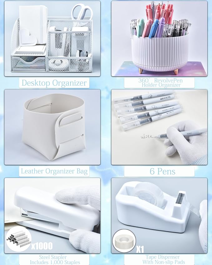 LXEVIHK 20Pcs White Desk Organizers and Accessories With Mesh Desk Organizer and 360°Rotating Pen Holder and a Lot of Office White Office Supplies Beautifully Presented in a Gift Box - Image 3