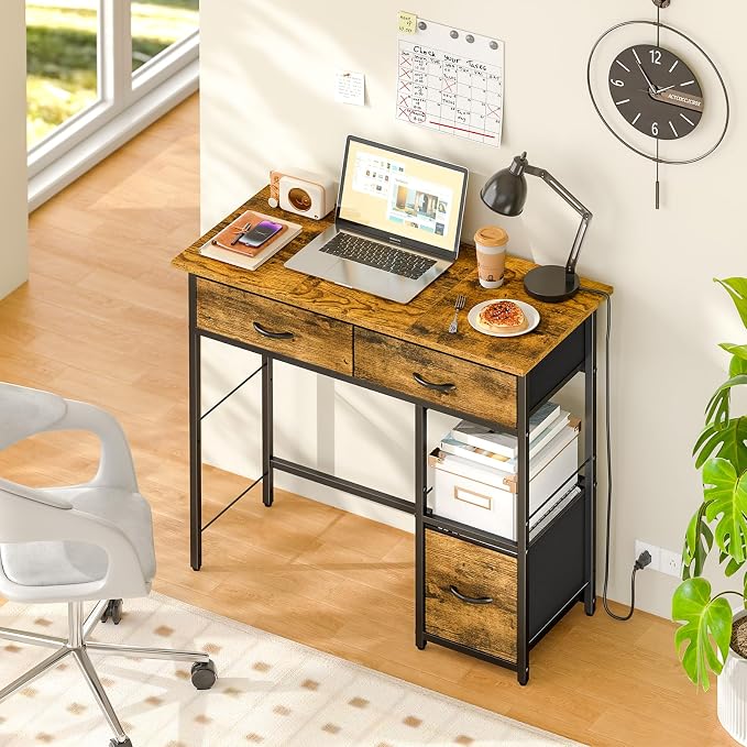 3IngSeagulls 33 Inch Small Computer Desk with Fabric Drawers, Home Office Desk with Storage Shelf, Compact Desks for Small Spaces, Teen Study Table for Bedroom, Rustic Brown - Image 4