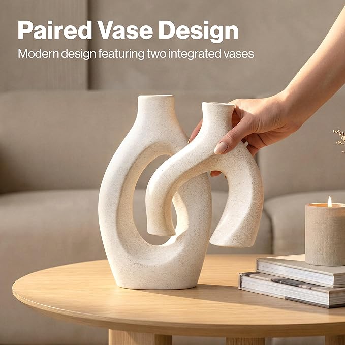 White Ceramic Vase Set of 2, Hollow Oval Flower Vases for Decor, Handmade Nordic Minimalist Ceramic Vase for Pampas Grass, Living Room, Farmhouse & Boho Home Decor, Housewarming Gifts - Image 4