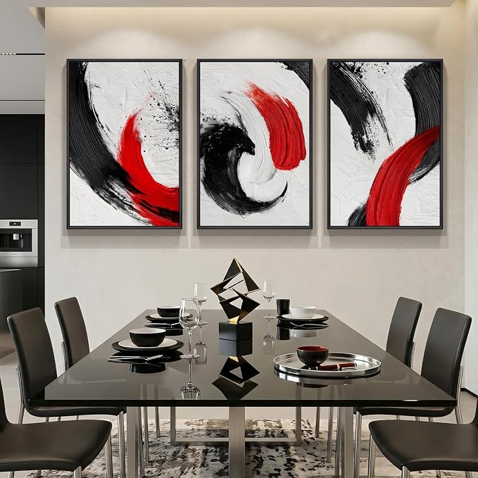 Large Framed Red Black White Abstract Wall Art for Living Room, 3 Piece Modern Canvas Prints Paintings Artwork for Walls, Red Black Minimalist Pictures for Bedroom Hallway Office Wall Decor 24x36 In - Image 5