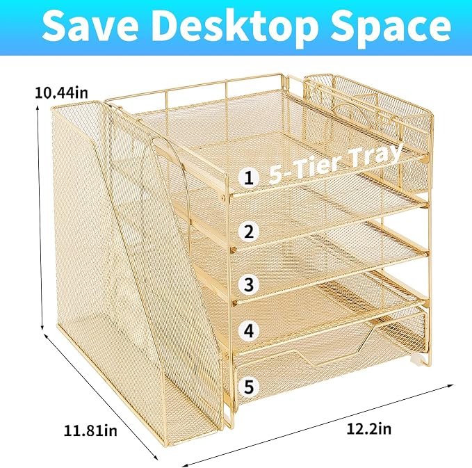 Desk Organizers and Accessories, 5-Tier Paper Letter Tray Organizer with File Holder, Drawer & Pen Holder, Office Desk Accessories, Desktop Organizer for Classroom Office Supplies, Gold - Image 2