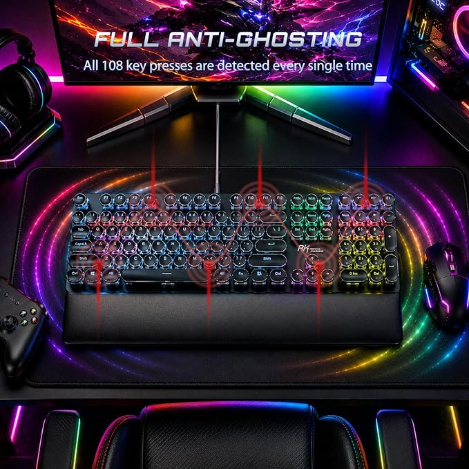 RK ROYAL KLUDGE S108 Typewriter Mechanical Keyboard, Wired Gaming Keyboard with Number Pad, Full Size Retro Keyboards w/Detachable Wrist Rest for Mac/Win/PC, Clicky Blue Switch, Rainbow Backlit Black - Image 5