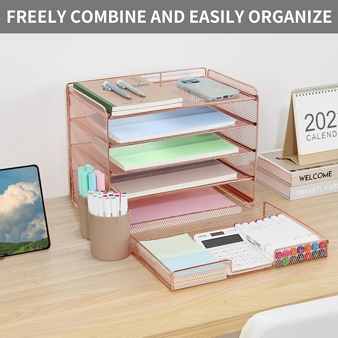 LEKETREE Desk Organizer and Accessories, 5-Tier Paper Letter Tray Organizer with Drawer & 2 Pen Holders for Desktop File Organization, Office Desk Accessories for Supplies Storage (Rose Gold) - Image 5