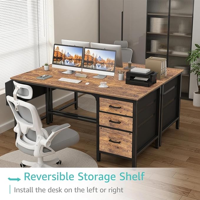 Lufeiya Computer Desk with Fabric File Drawers Cabinet, 55 Inch Reversible Home Office Desks with Filing Cabinet for Small Space, Study Writing Table PC Desks with Storage for Bedroom, Rustic Brown - Image 4