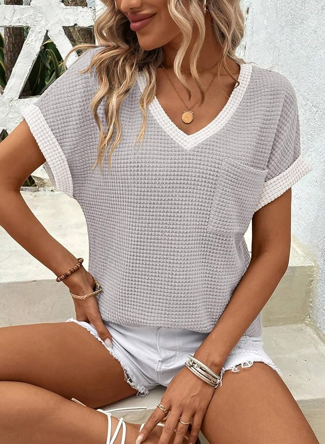 Dokotoo Womens Waffle Knit Tops 2026 Spring Summer V Neck Shirts Casual Trendy Women's Blouses Basic Tee - Image 3