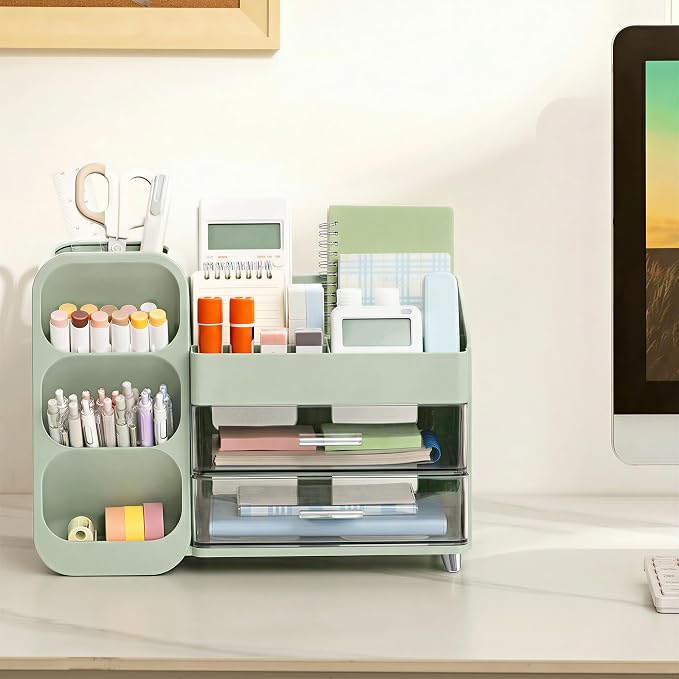 HBlife Desk Organizer with Pen Pencil Holder for Desk, Pen Organizer with 2 Drawers, Desk Organizers and Accessories with 4 Compartments, Desktop Storage for Office Home School Art Supplies, Green - Image 3