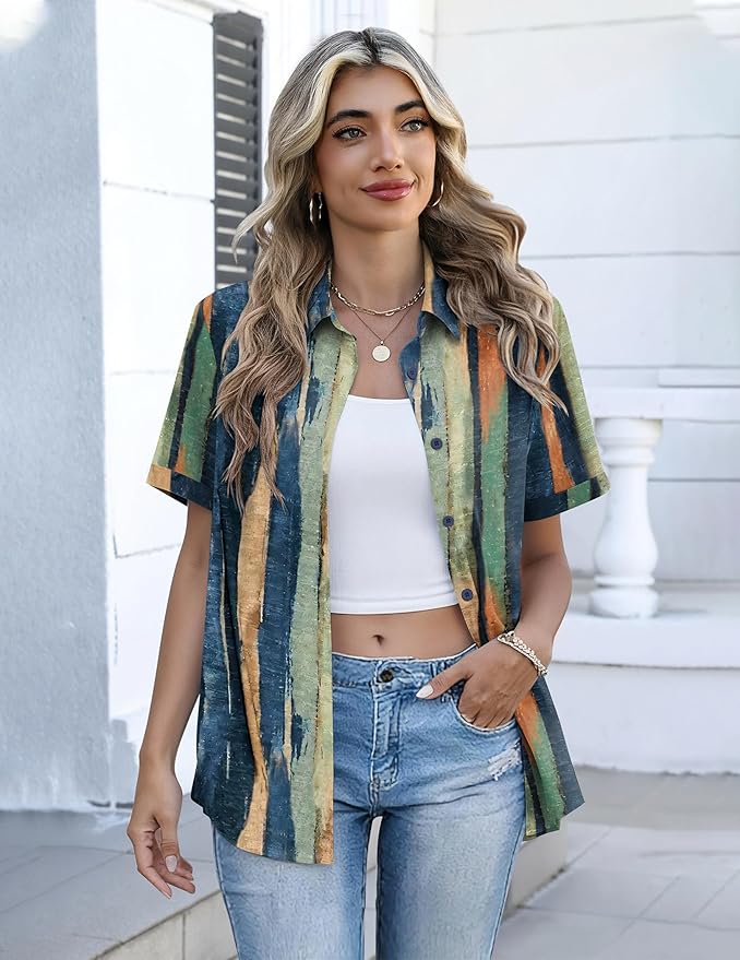 Zeagoo Button Down Shirts for Women Short Sleeve Collared Tops Dressy Casual V Neck Blouses - Image 3