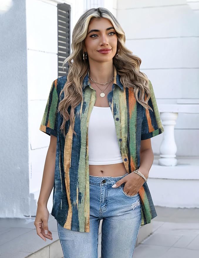 Zeagoo Button Down Shirts for Women Short Sleeve Collared Tops Dressy Casual V Neck Blouses - Image 3
