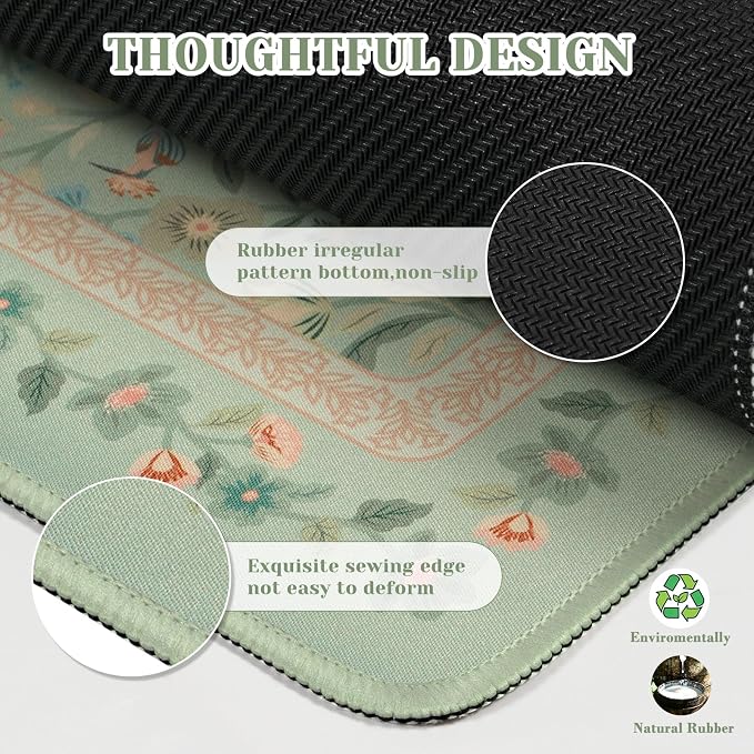 iCasso Aesthetic Flower Mouse Pad,23.6x13.7in Desk Pad, Light Green | Desk Matt for Desktop, Anti-Slip Mousepad with Stitched Edges for Laptop Computer Keyboard - Image 4