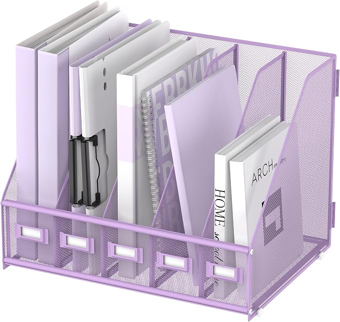 SUPEASY Desk Organizers Metal Desk Magazine File Holder with 5 Vertical Compartments Rack File Organizer for Office Desktop, Classroom, Home Workspace, Purple by SUPEASY