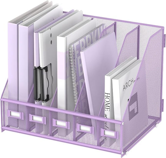 SUPEASY Desk Organizers Metal Desk Magazine File Holder with 5 Vertical Compartments Rack File Organizer for Office Desktop, Classroom, Home Workspace, Purple by SUPEASY