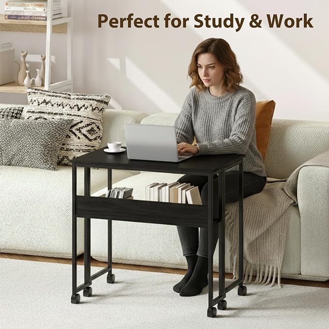 Folding Desk Small Rolling Desk with Storage Shelf,31.5 Inch Foldable Computer Table with Wheels,Portable Office Desk for Small Space Sofa Table,Easy to Fold,Writing Work Office Computer Desk,Black - Image 3