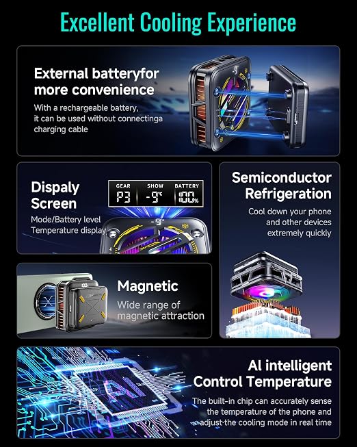 Magnetic Phone Cooler with 2500mAh Detachable Battery, Low to 15.8°F Radiator Wireless Fan with AI Temp Control & RGB, Compatible with iPhone 16/15/14/13/12 Series, Samsung, and Most Smartphones - Image 2