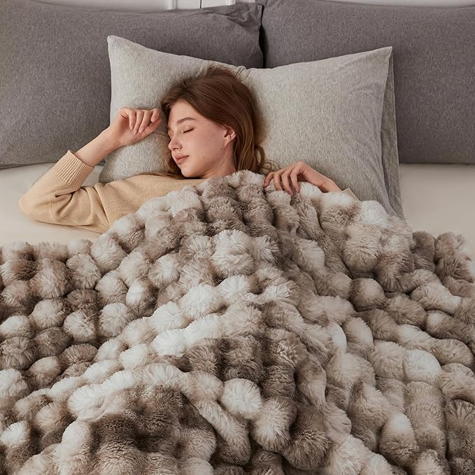 COOVA Faux Fur Throw Blanket for Couch, Cozy Soft and Fuzzy Plush Rabbit Fur Bubble Blanket for Sofa Bedroom Living Room, 50x60 Inches Tie Dye Brown - Image 3