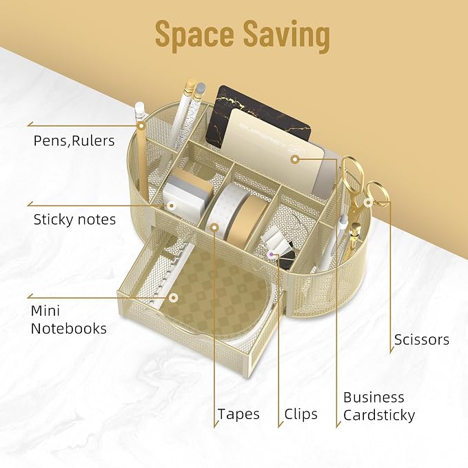 SUPEASY Mesh Desk Organizer, Desk Accessories & Workspace Organizers with Drawers, Pencil Holder for Desk with 9 Compartments for Office Suppliess, 8.6 x 4.3 x 4.1 Inch, Yellow | Pull-Out Drawer Stores Pens, Pencils, Clips, Notes, and Small Office or S... - Image 4